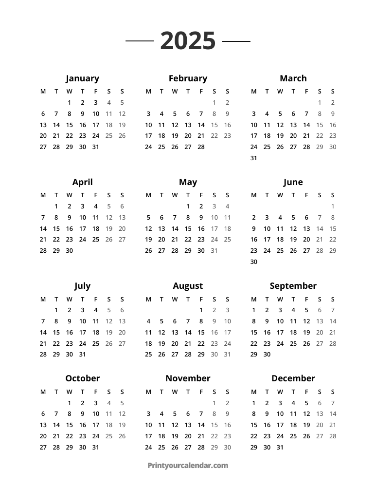 2025 Calendar Monday Start