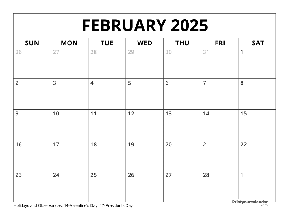 February 2025 Calendars Free Printable