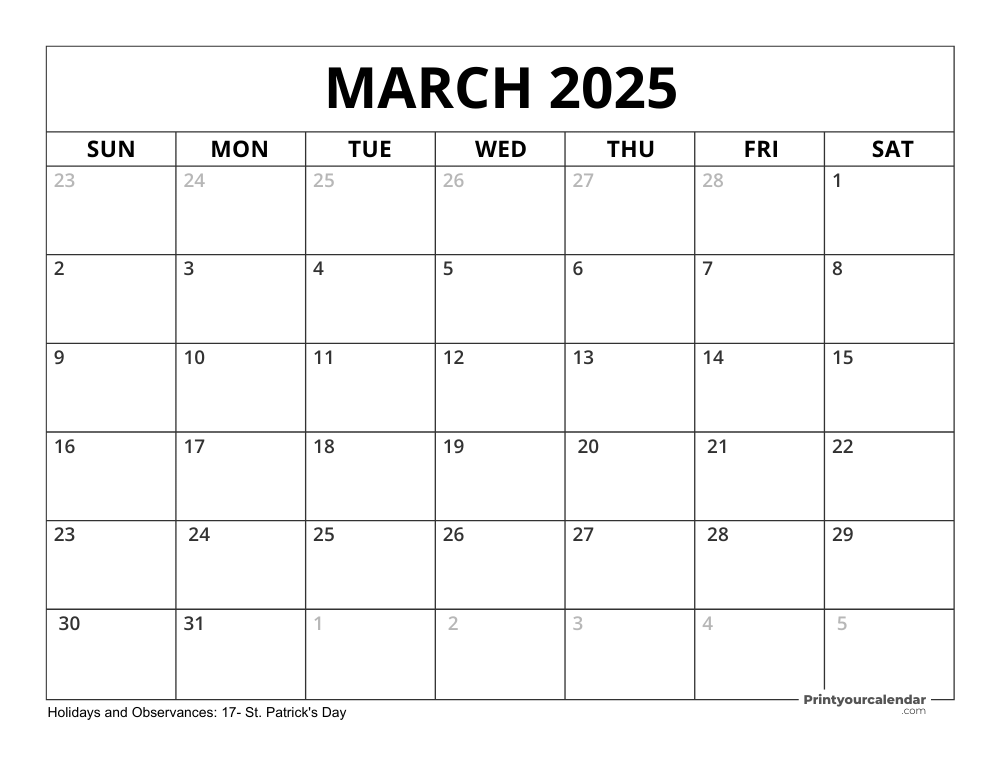 March 2025 Calendar with Holidays