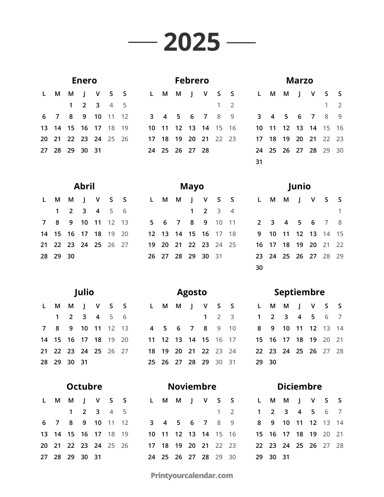 2025 Calendar Monday Start