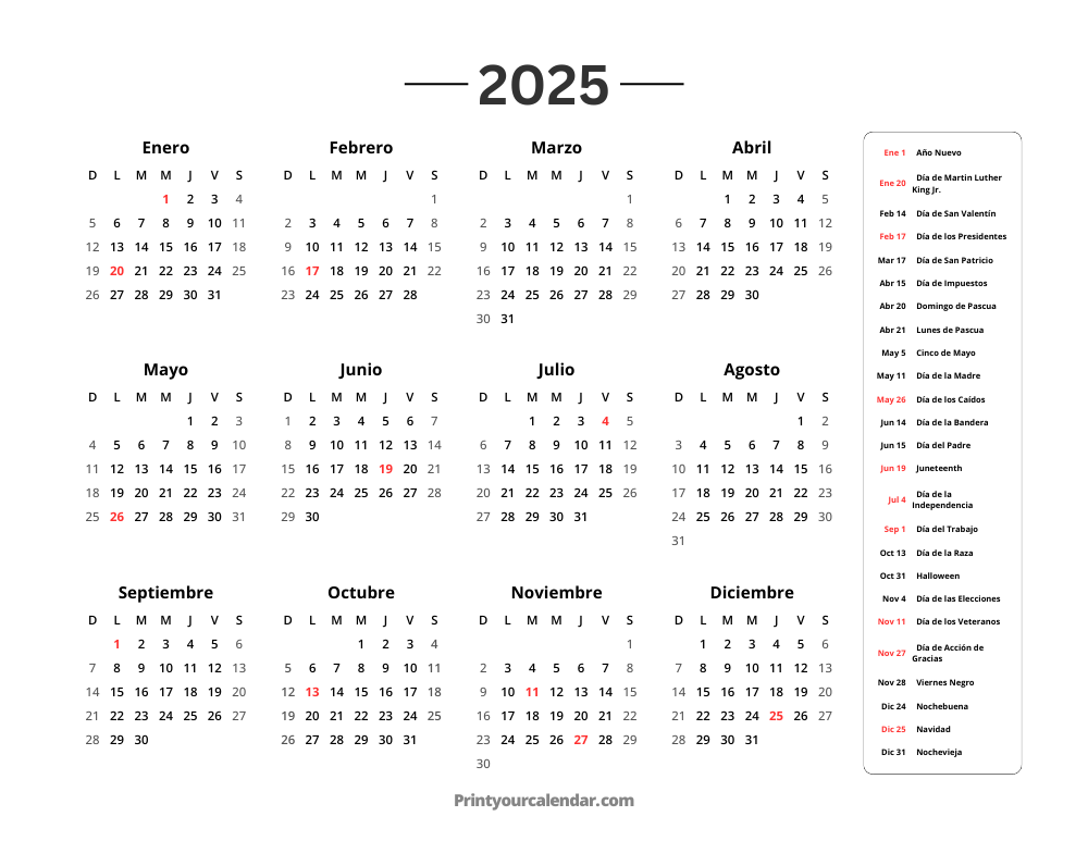 2025 Calendar with Holidays