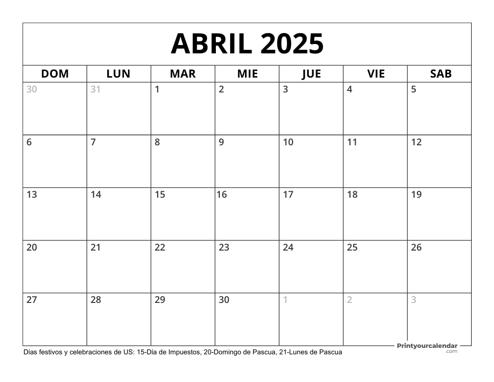 April 2025 Calendar with Holidays