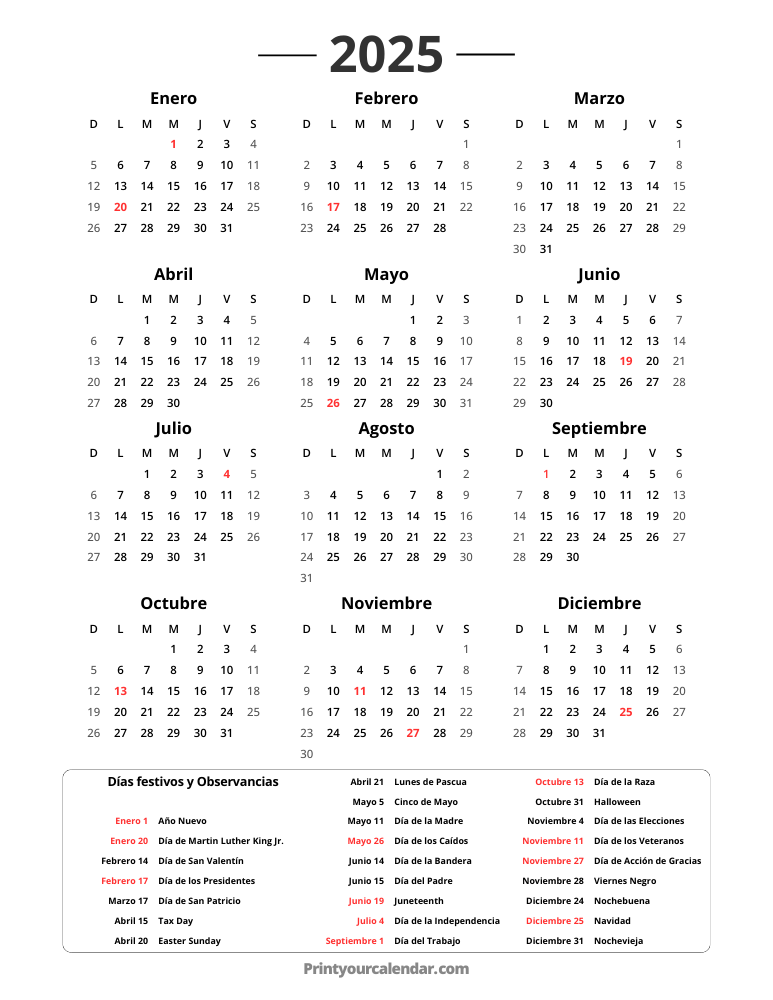 2025 Holiday Calendar