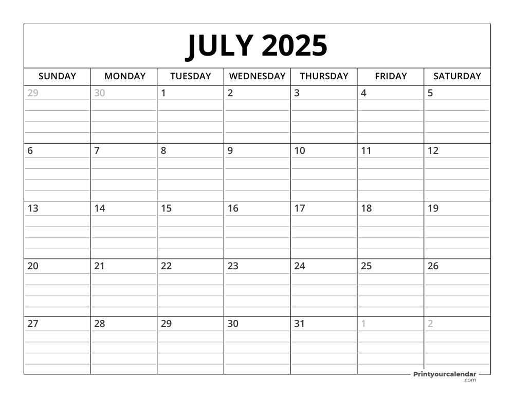 July 2025 Calendar Template