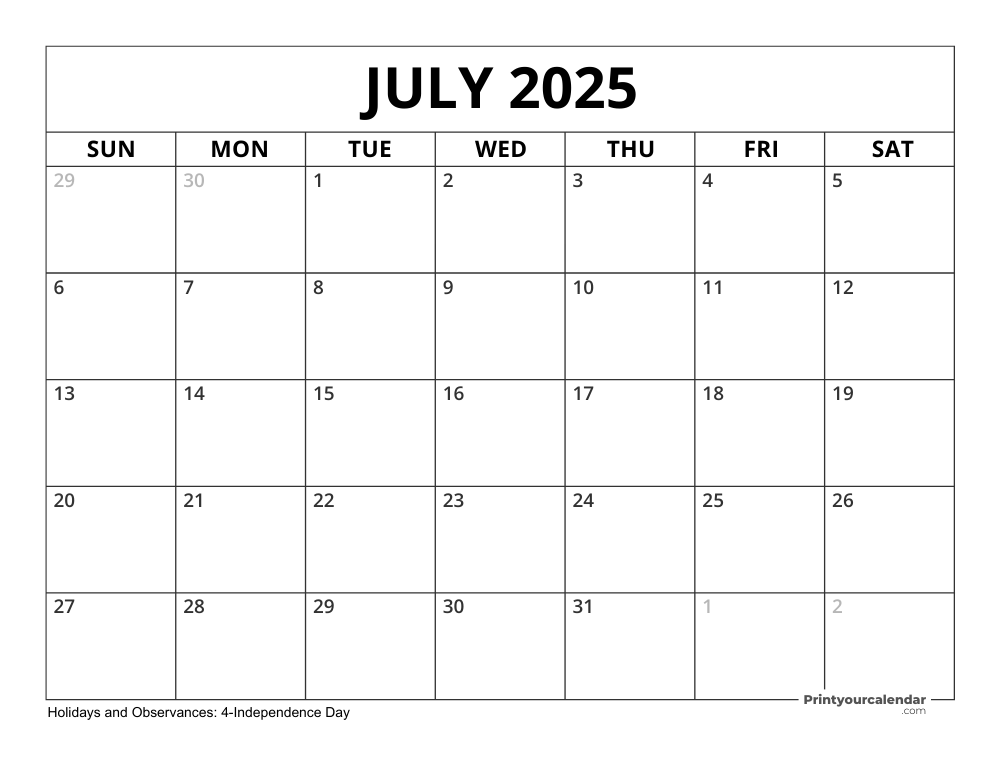 July 2025 Calendar with Holidays