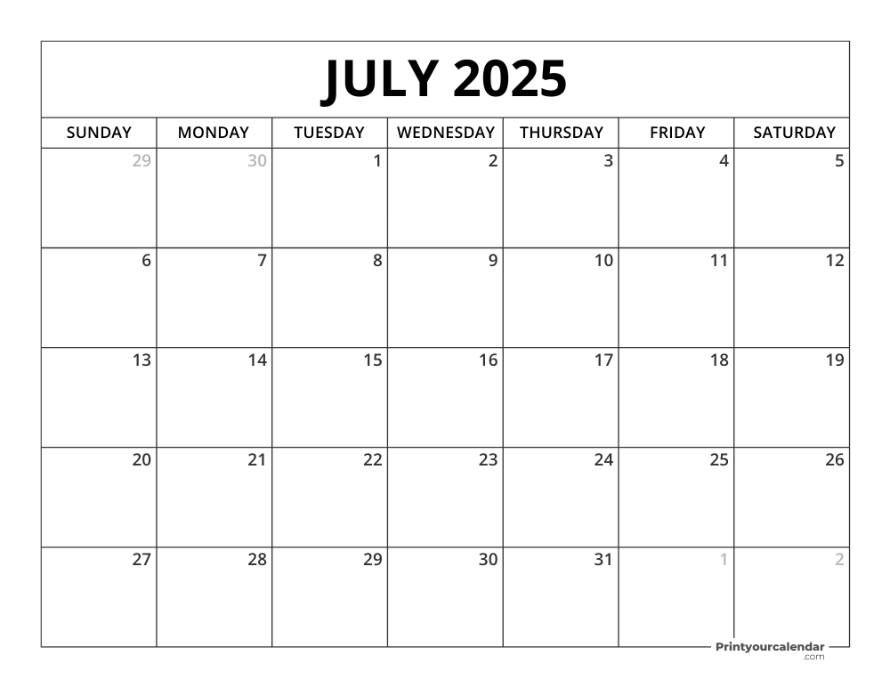 Printable July 2025 Calendar