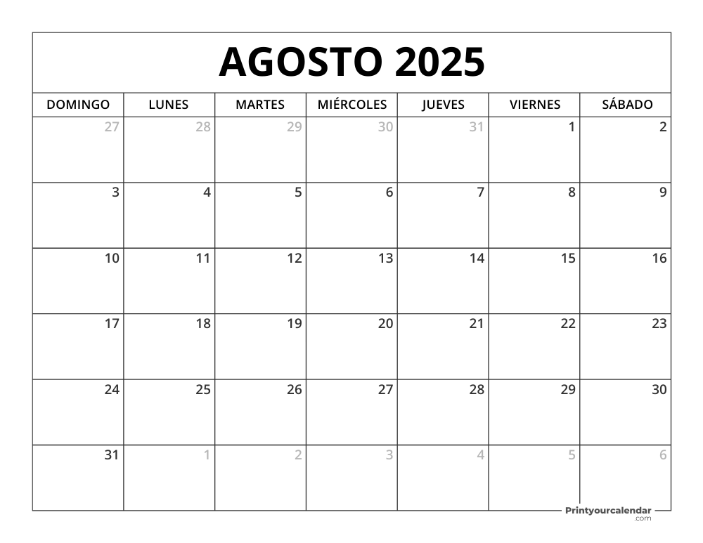 Printable August 2025 Calendar