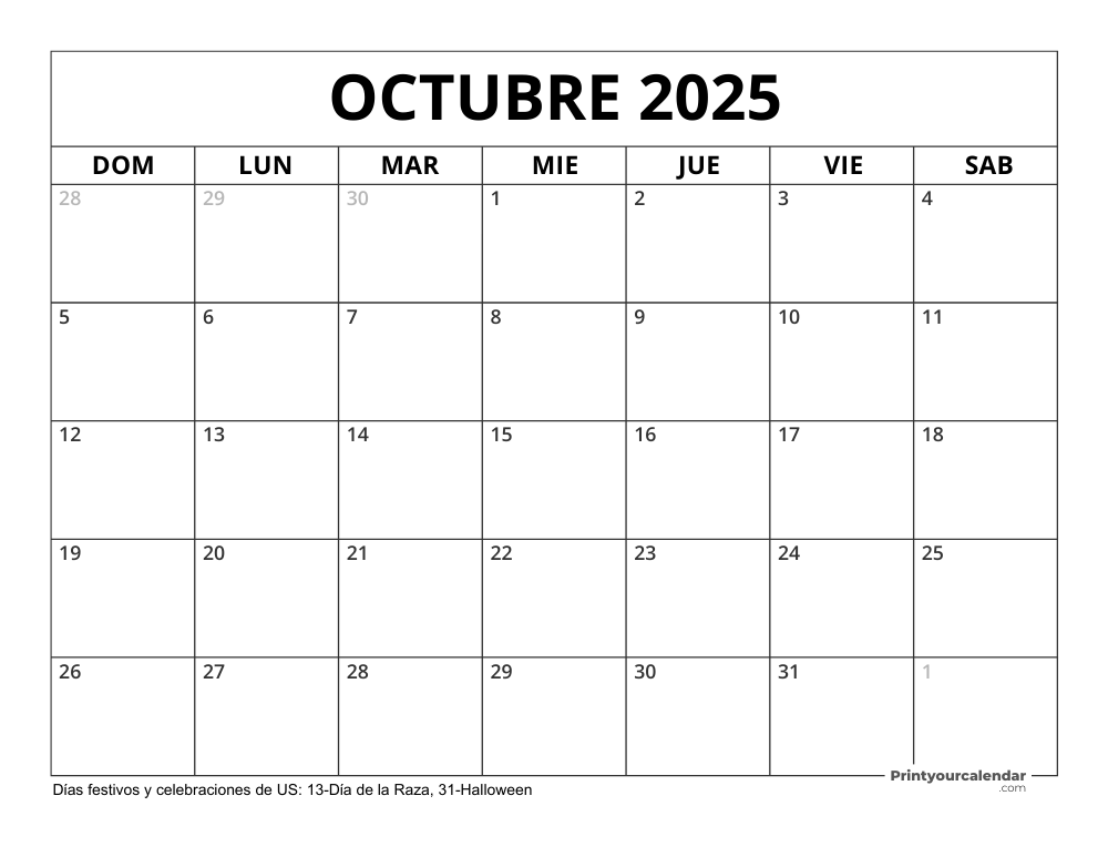 Calendario Octubre 2025 con Días Feriados