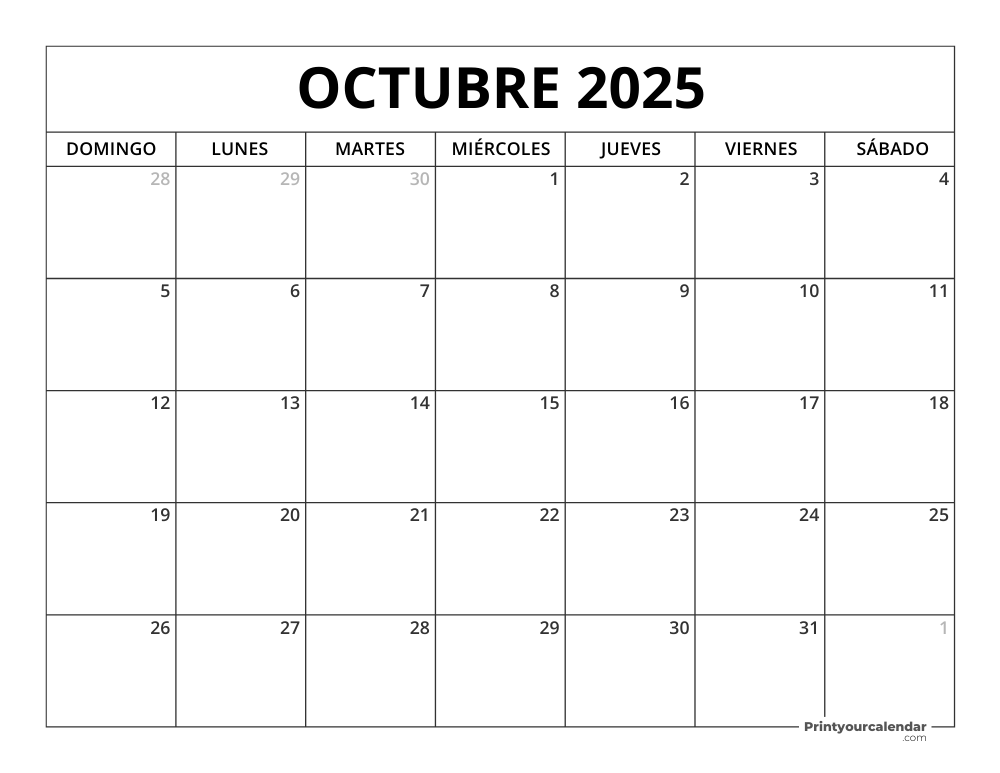 Calendario Octubre de 2025 Imprimible