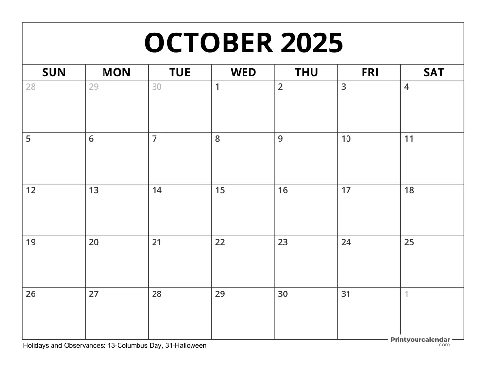 October 2025 Calendar with Holidays