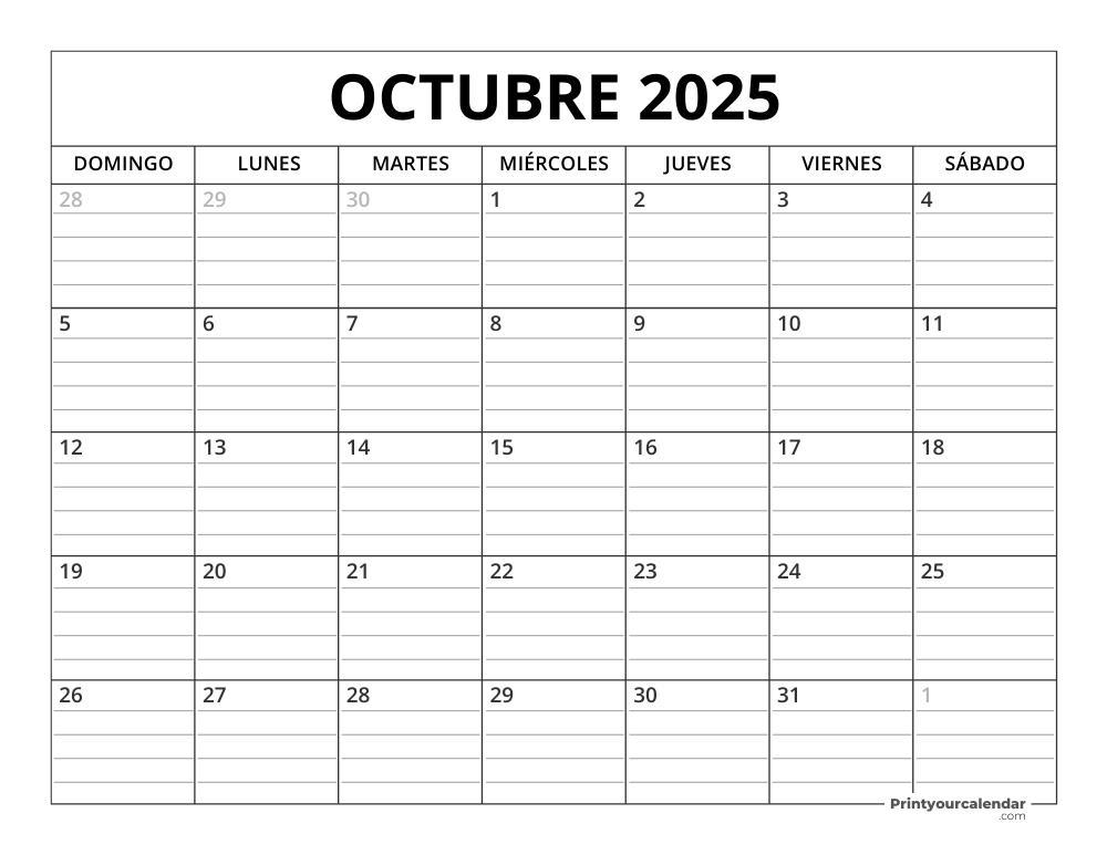 Plantilla de Calendario Octubre de 2025