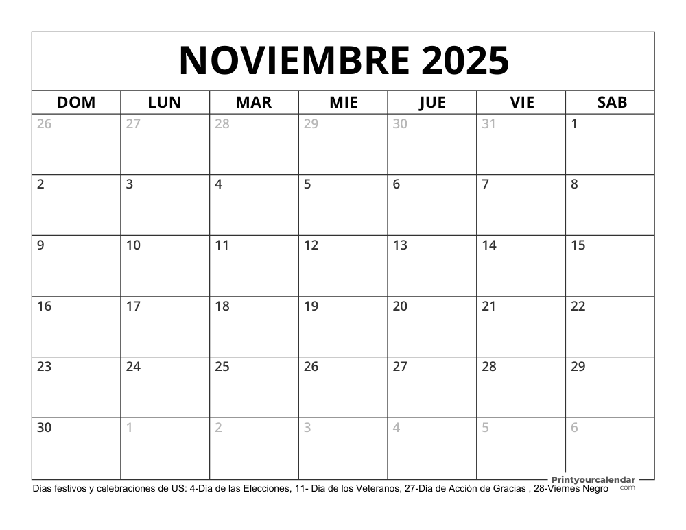 Calendario Noviembre 2025 con Días Feriados