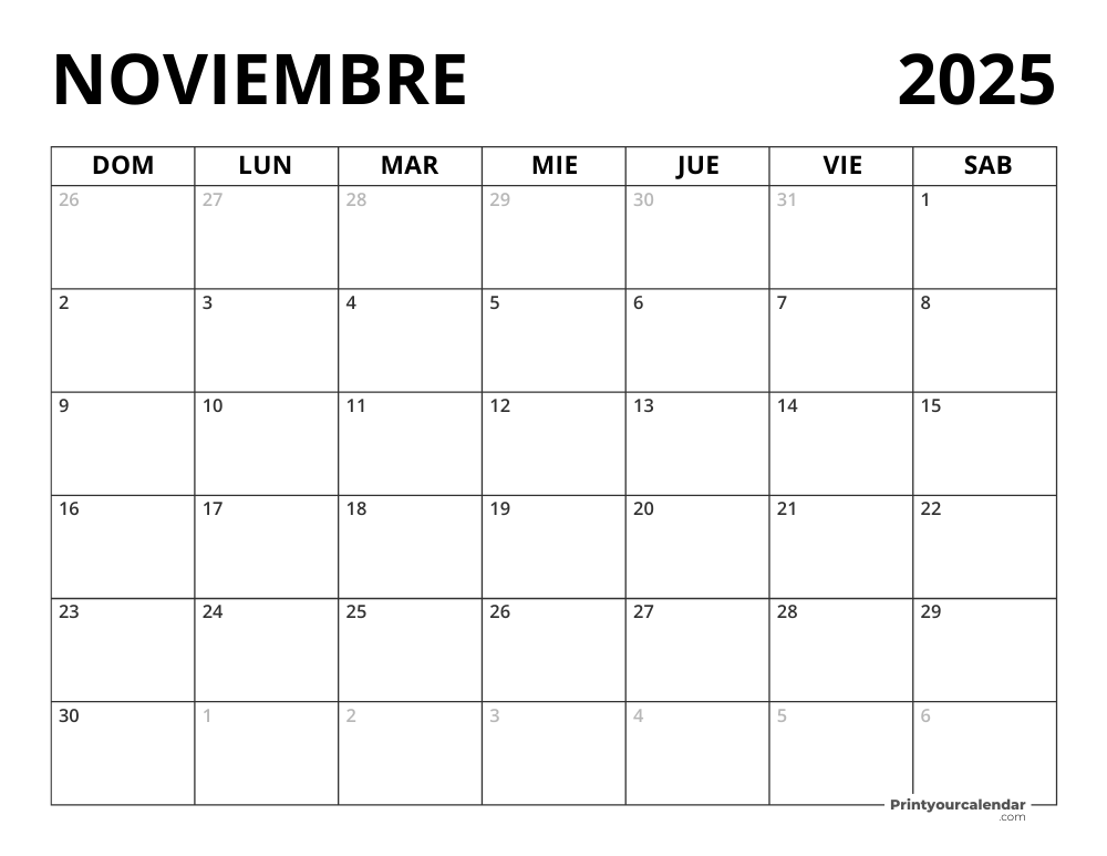 Calendario Noviembre 2025 en blanco