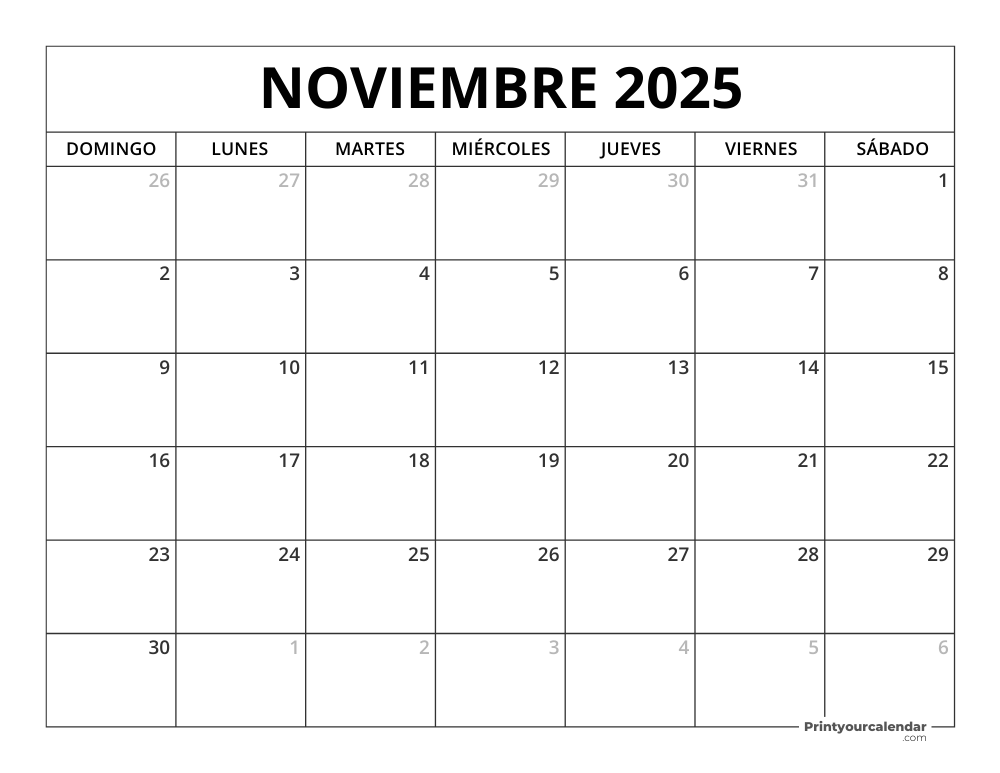 Calendario Noviembre 2025 Para Imprimir