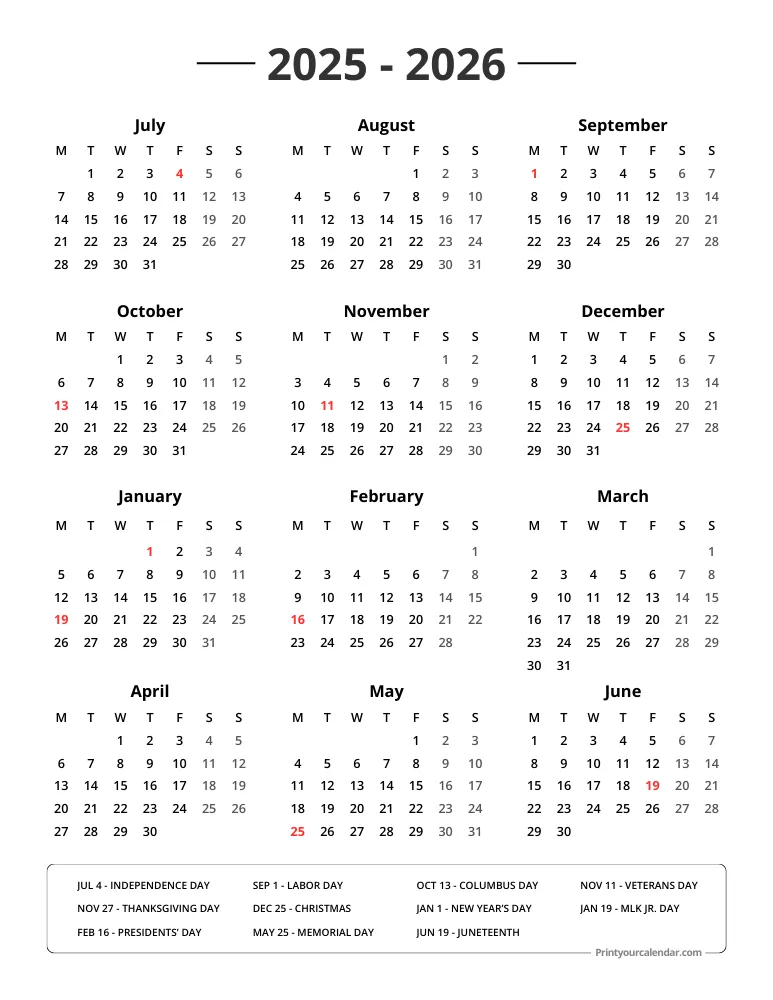 2025 2026 Calendar with Holidays Monday Start