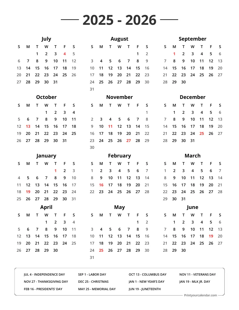 2025 2026 Calendar with Holidays