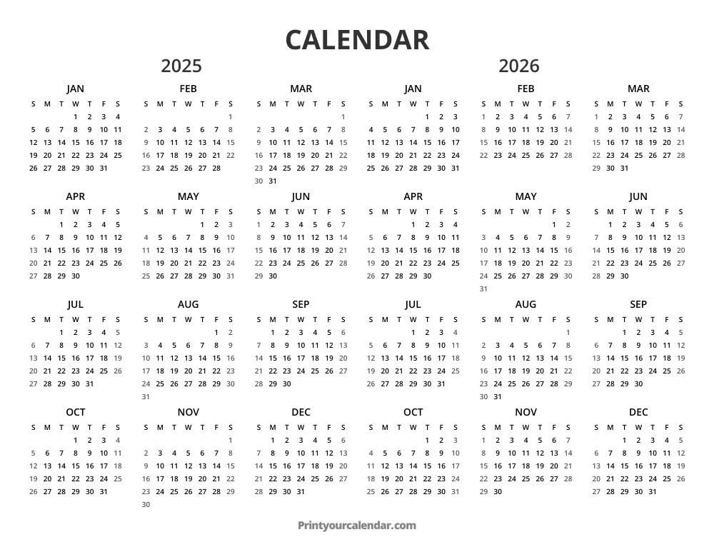 2025 and 2026 Calendar