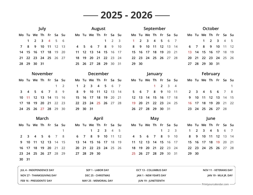 Calendar 2025 2026 with Holidays Monday Start