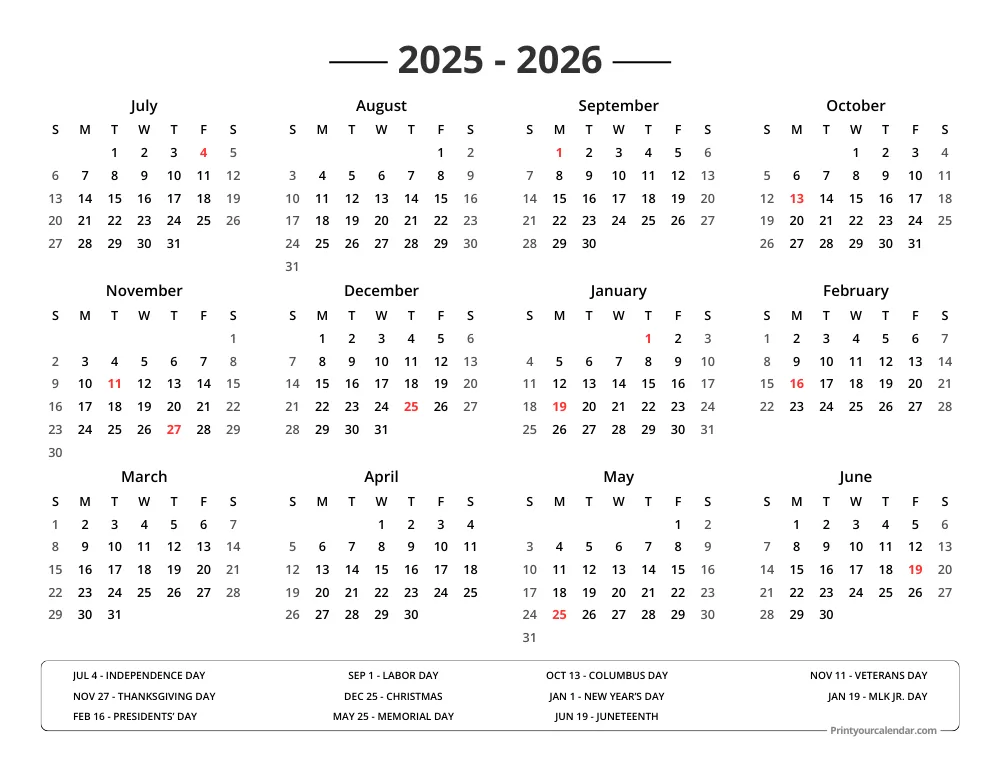 Calendar 2025 2026 with Holidays