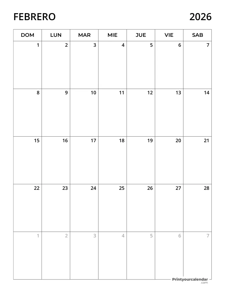 Calendario 2026 Febrero
