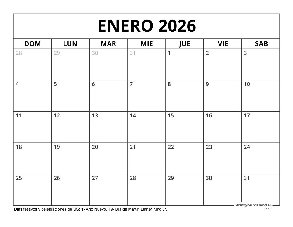 Calendario Enero 2026 con Días Feriados