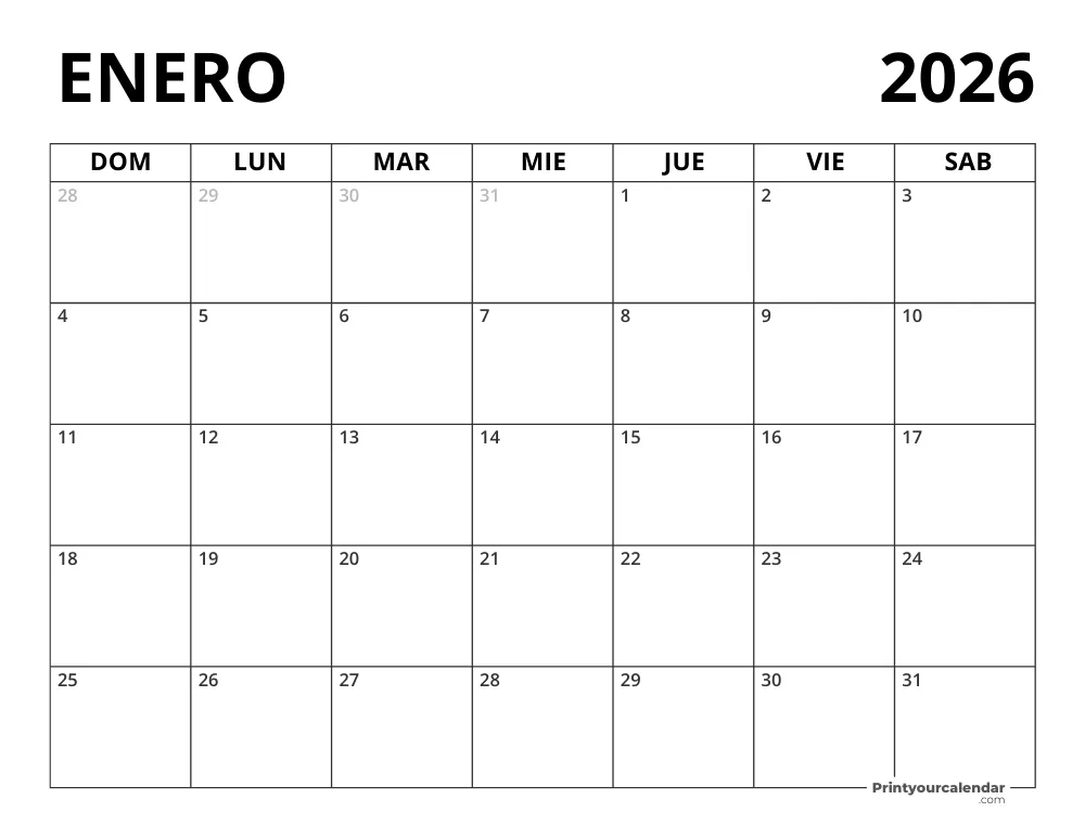 Calendario Enero 2026 en blanco