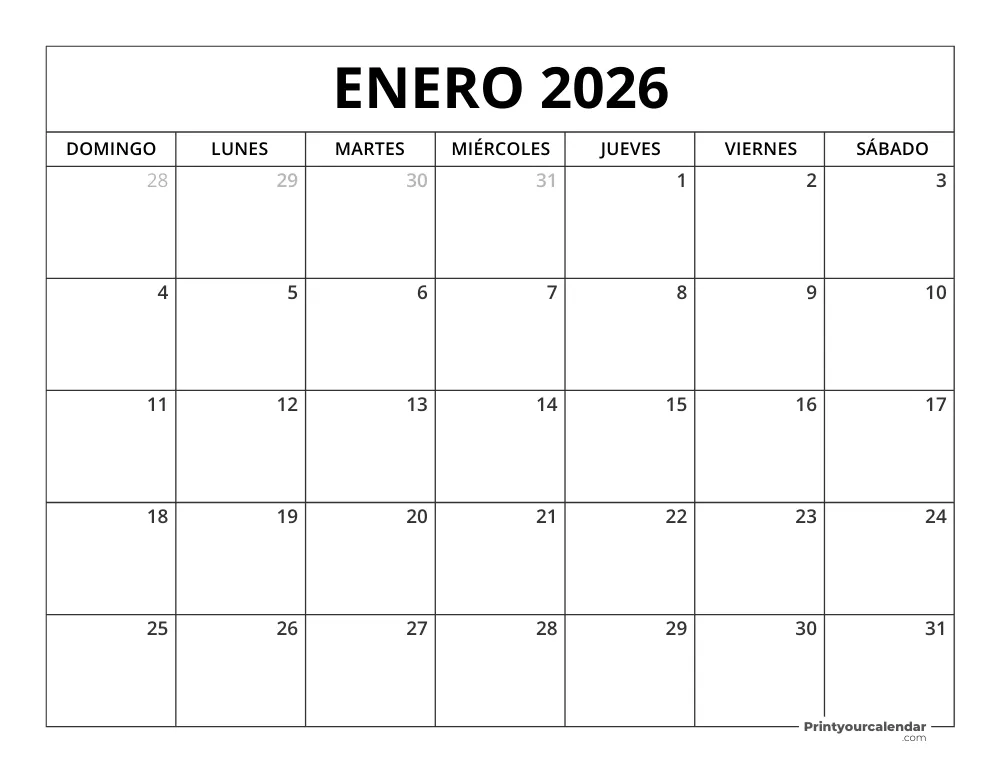 Calendario Enero 2026 Para Imprimir