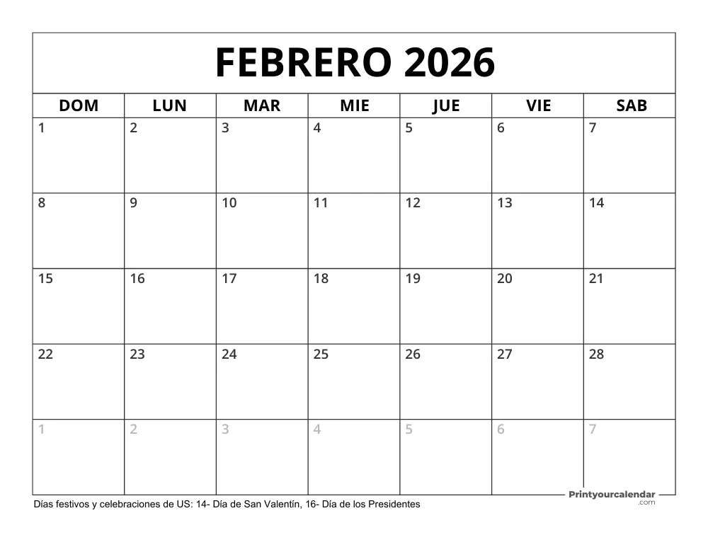Calendario Febrero 2026 con Días Feriados