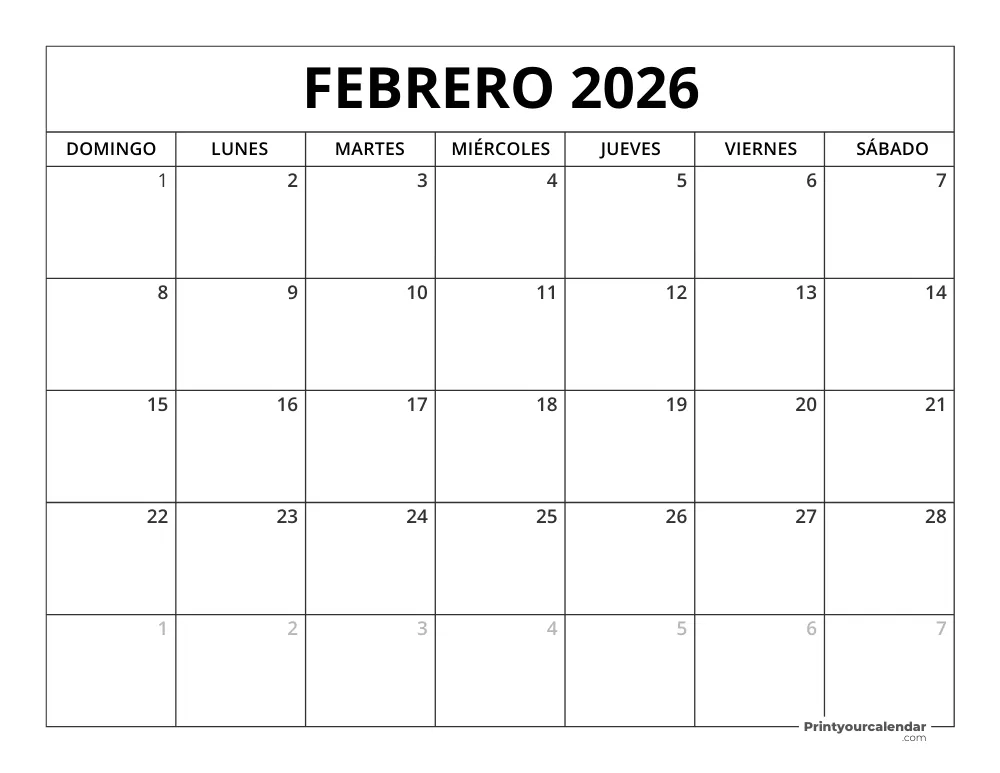 Calendario Febrero 2026 Para Imprimir