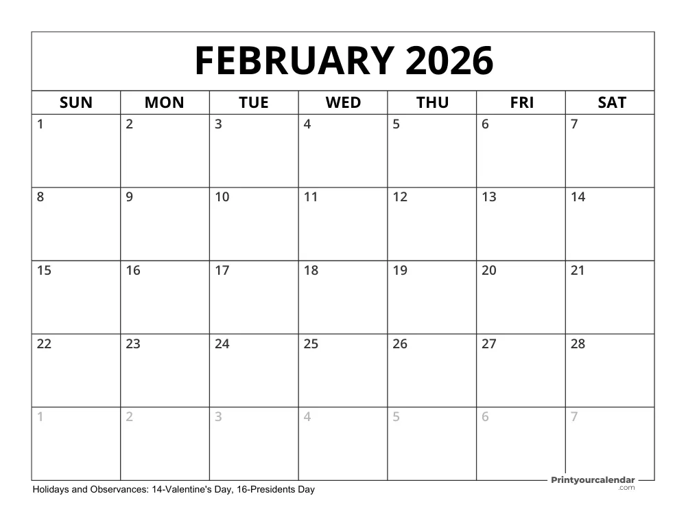 February 2026 Calendar with Holidays