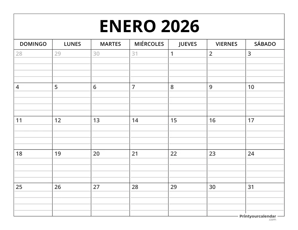 Plantilla de Calendario Enero de 2026