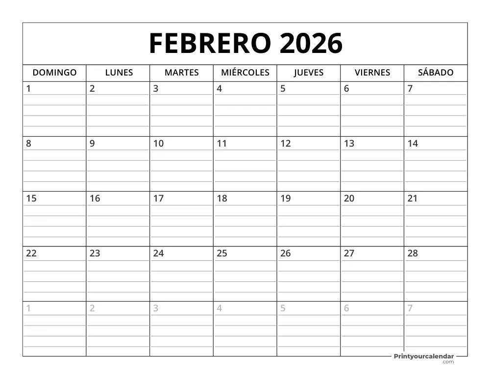 Plantilla de Calendario Febrero de 2026
