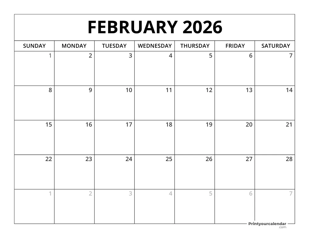 Printable February 2026 Calendar