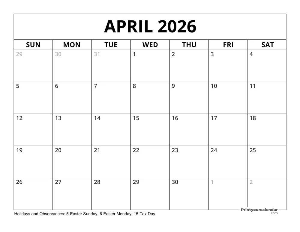 April 2026 Calendar with Holidays