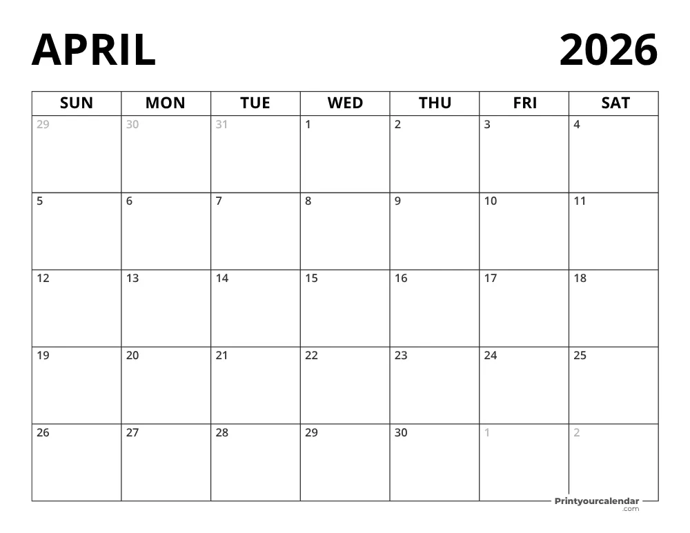 Blank April 2026 Calendar