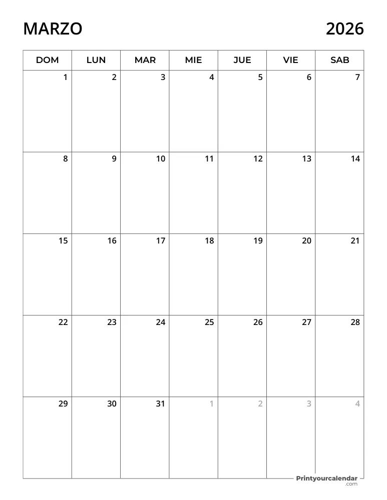 Calendario 2026 Marzo