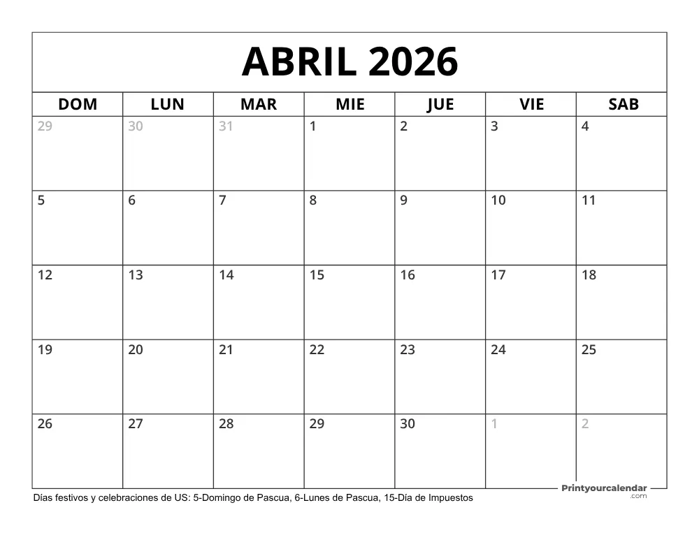 Calendario Abril 2026 con Días Feriados