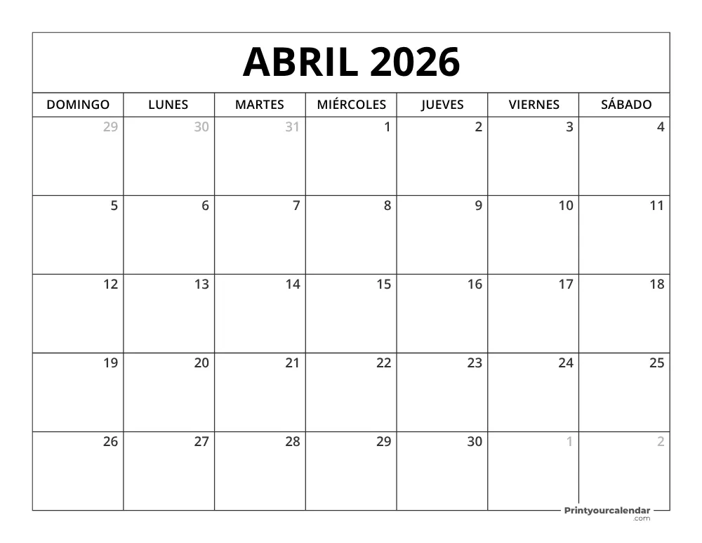 Calendario Abril 2026 Para Imprimir