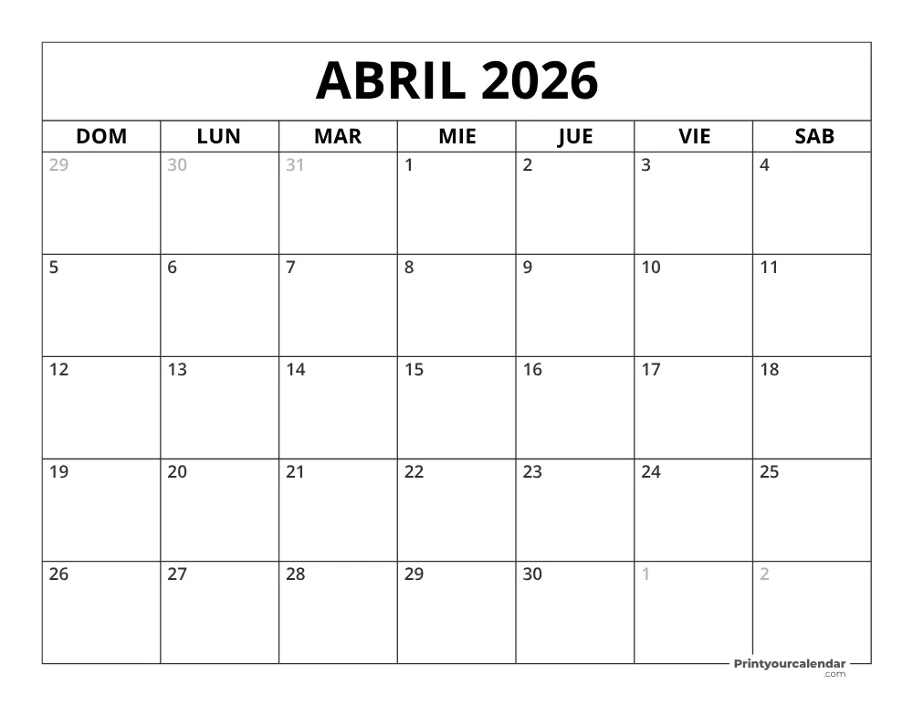 Calendario Abril 2026 Calendario Abril 2026