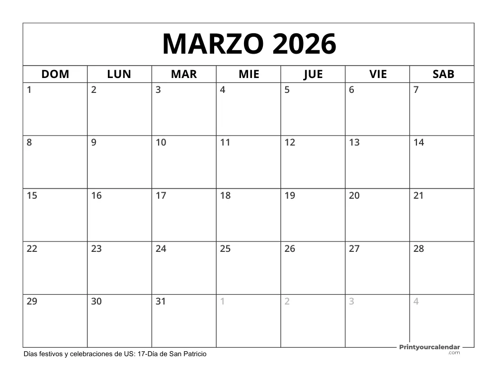 Calendario Marzo 2026 con Días Feriados