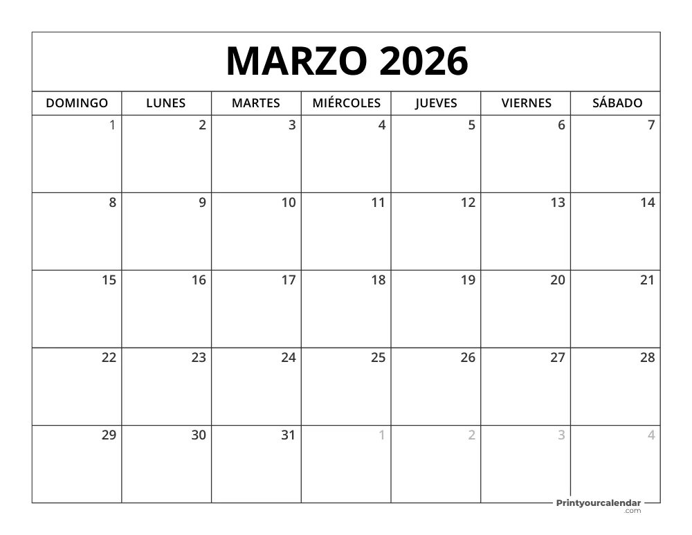 Calendario Marzo 2026 Para Imprimir