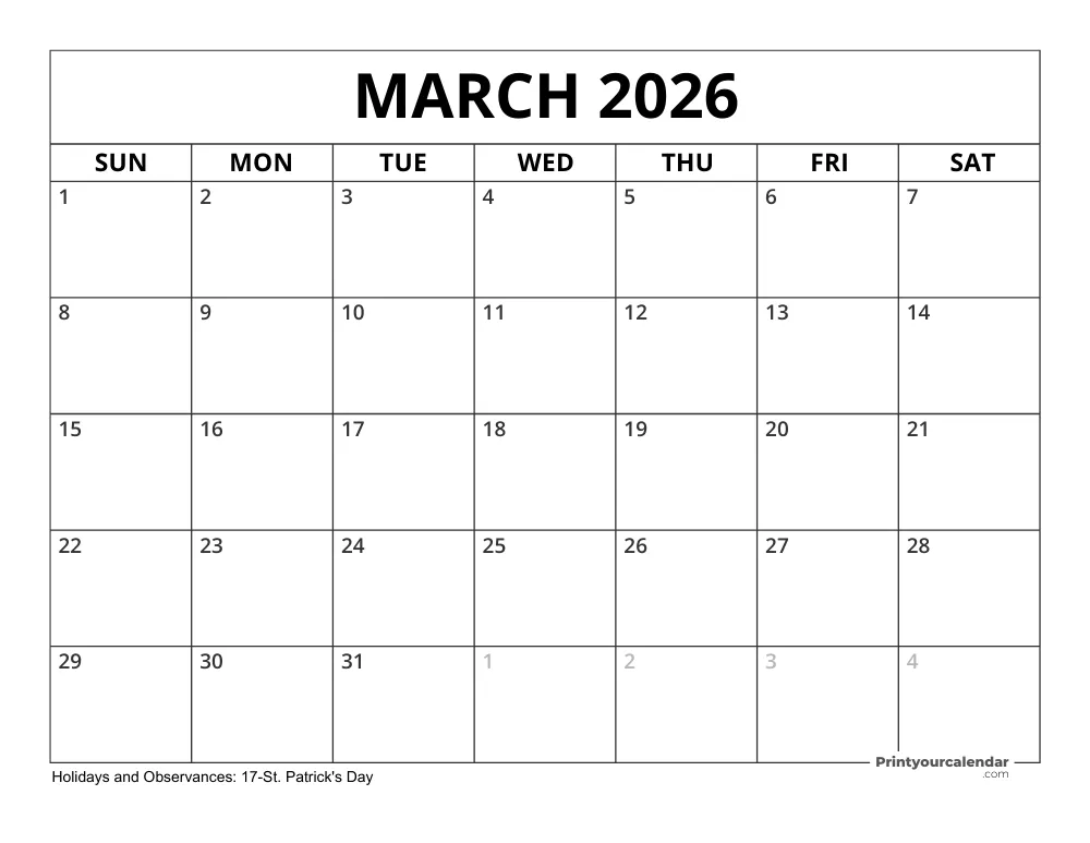March 2026 Calendar with Holidays