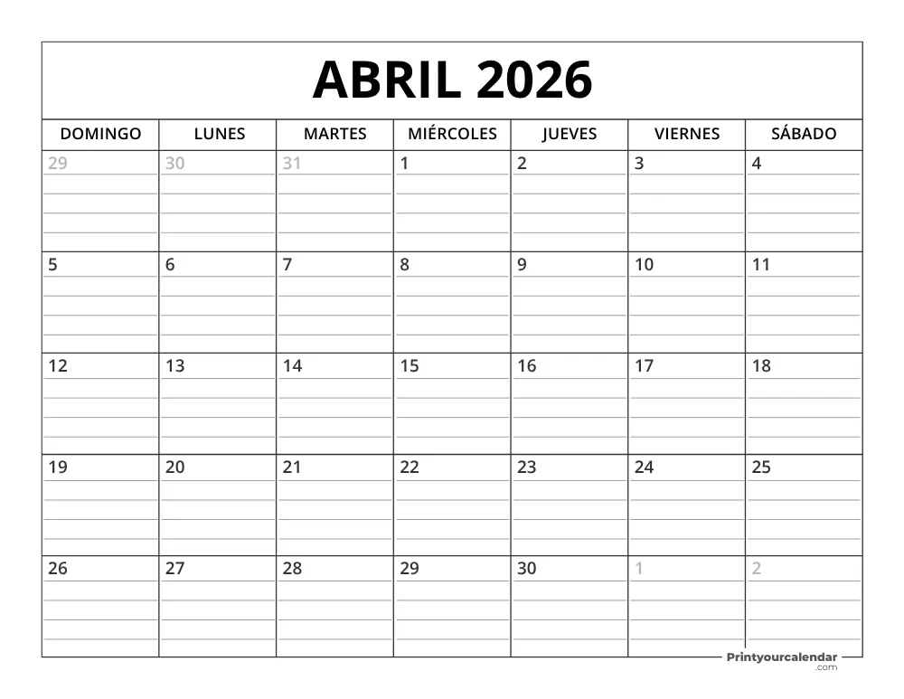 Plantilla de Calendario Abril de 2026