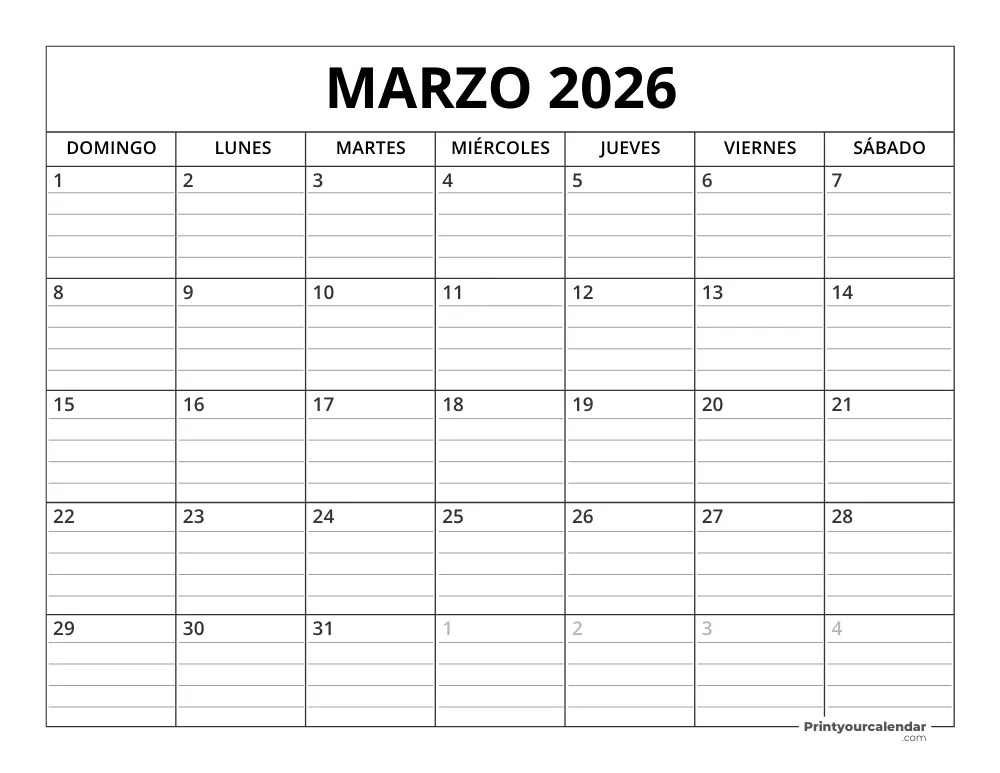 Plantilla de Calendario Marzo de 2026