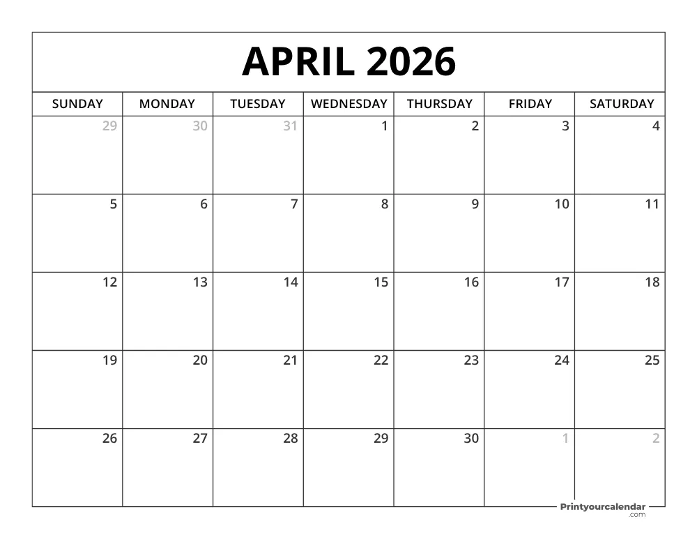 Printable April 2026 Calendar