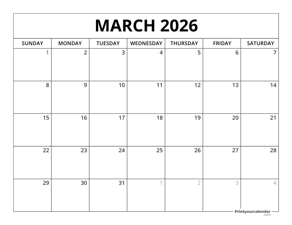 Printable March 2026 Calendar