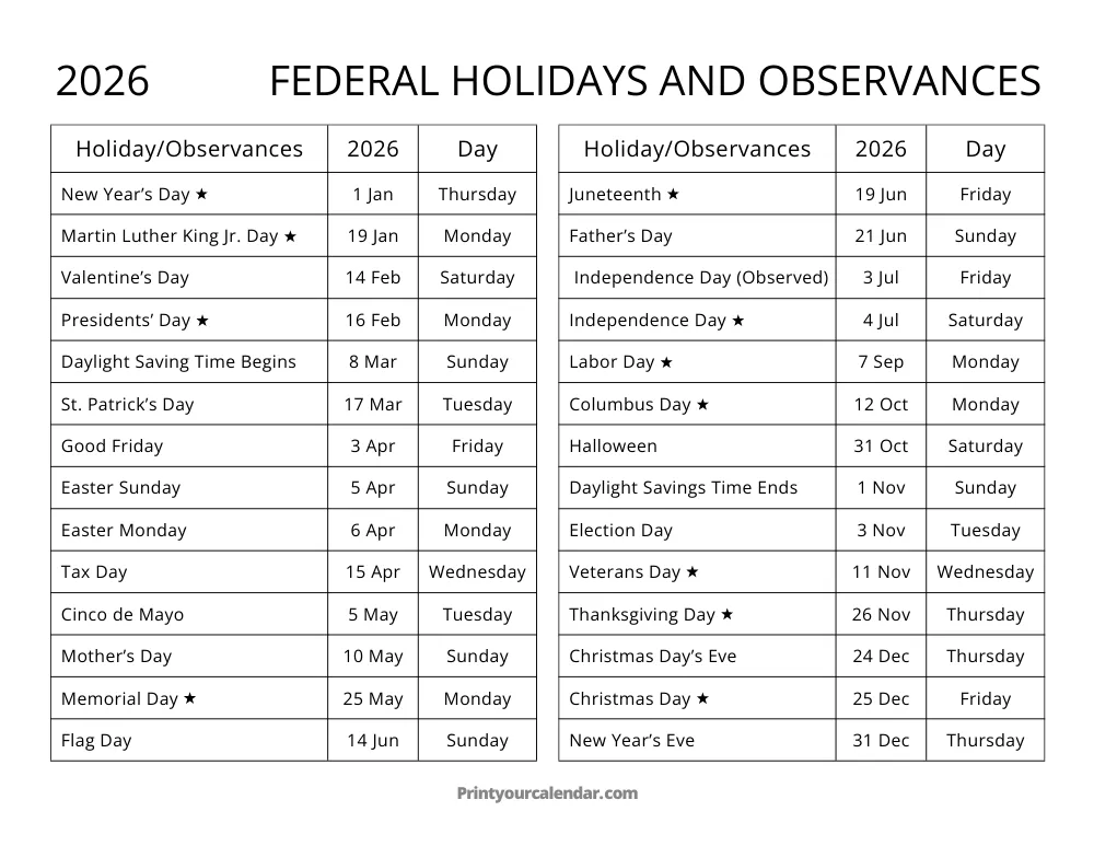 2026 US Holidays