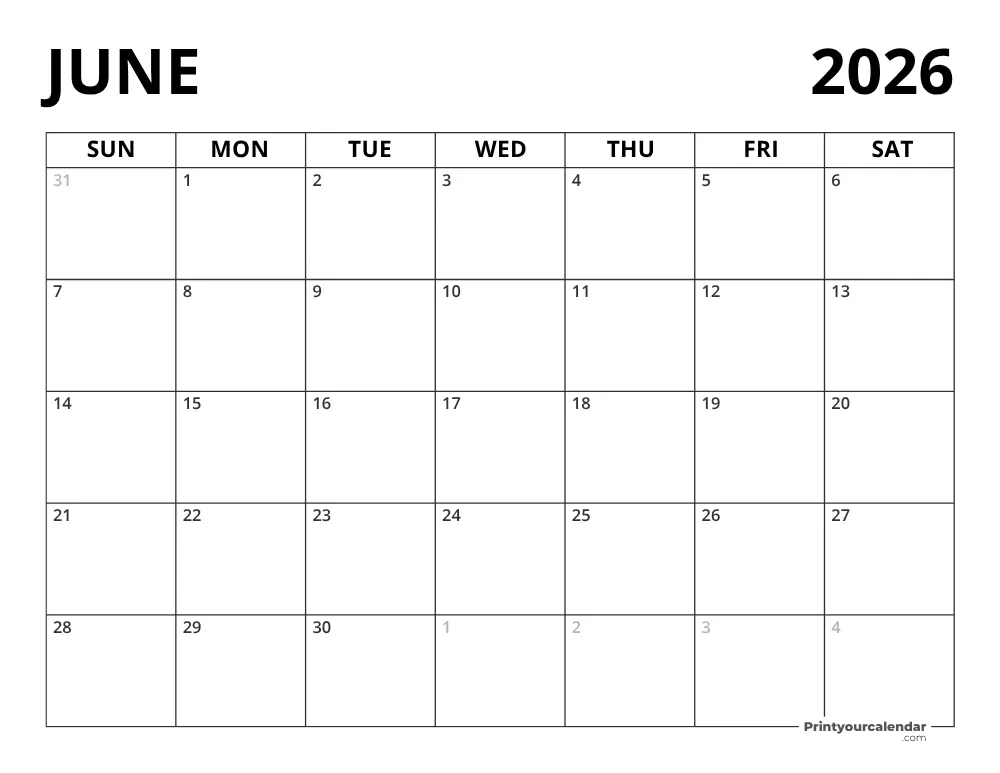 Blank June 2026 Calendar