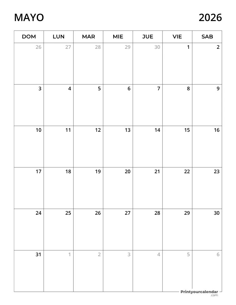 Calendario 2026 Mayo