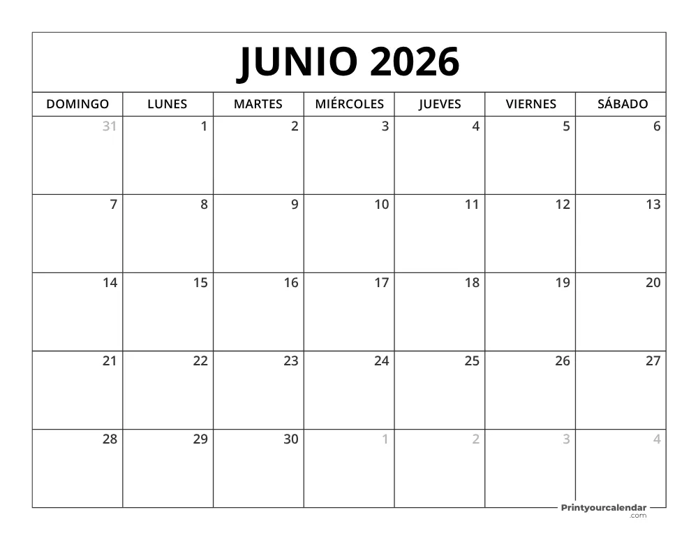 Calendario Junio 2026 Para Imprimir